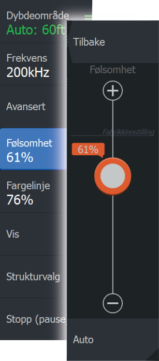 Ú Merk: Auto følsomhet er den foretrukne modusen for de fleste forhold. Auto følsomhet Auto følsomhet justerer ekkolodd-ekkoene til optimale nivåer helt automatisk.