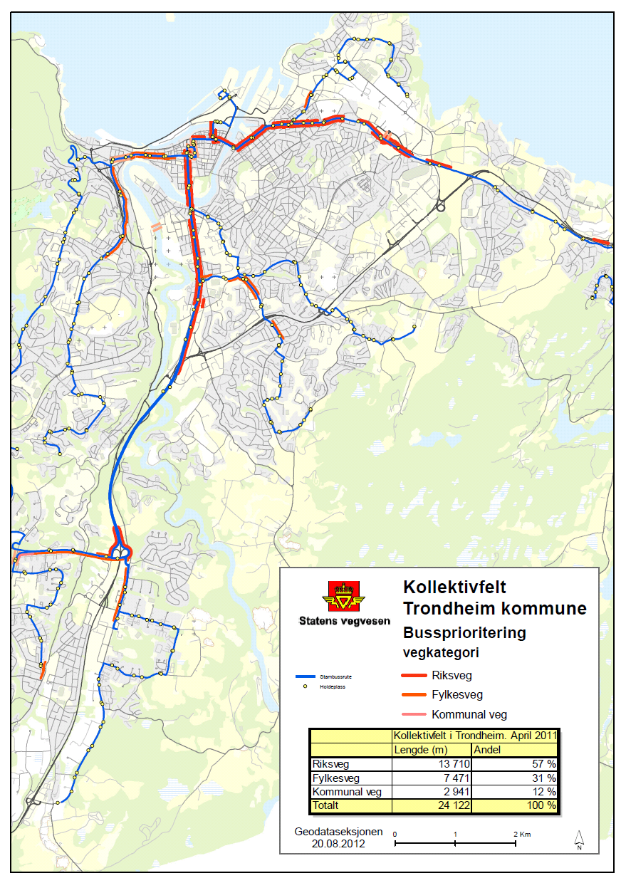 Framkommelighet øvrige ruter Tiltaksbeskrivelse Kartet viser strekninger med kollektivprioritering i 2012 Det er behov for en løpende vurdering av kollektivframkommelighet på hovedrutene, også utenom