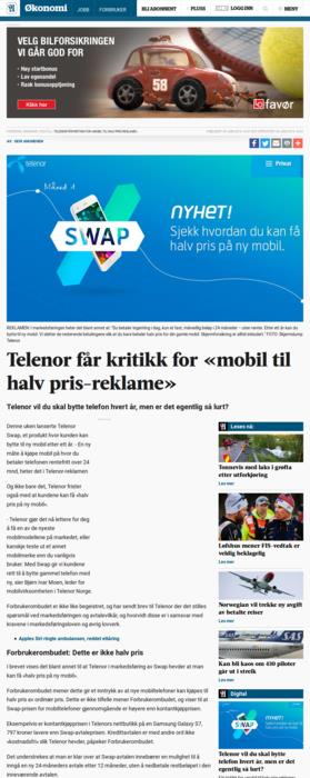 Telenor får kritikk for mobil til halv pris-reklame Adresseavisen (4 like treff), 09.06.2016 16:57 (Oppdatert 10.06.2016 22:38) Geir Amundsen Publisert på nett.