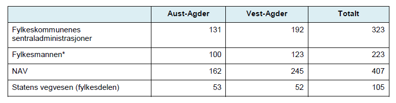 Oversikt over antall årsverk ved fylkeskommunens sentraladministrasjoner, Fylkesmannen, NAV samt vegadministrasjon: Rådmannen hadde 7.