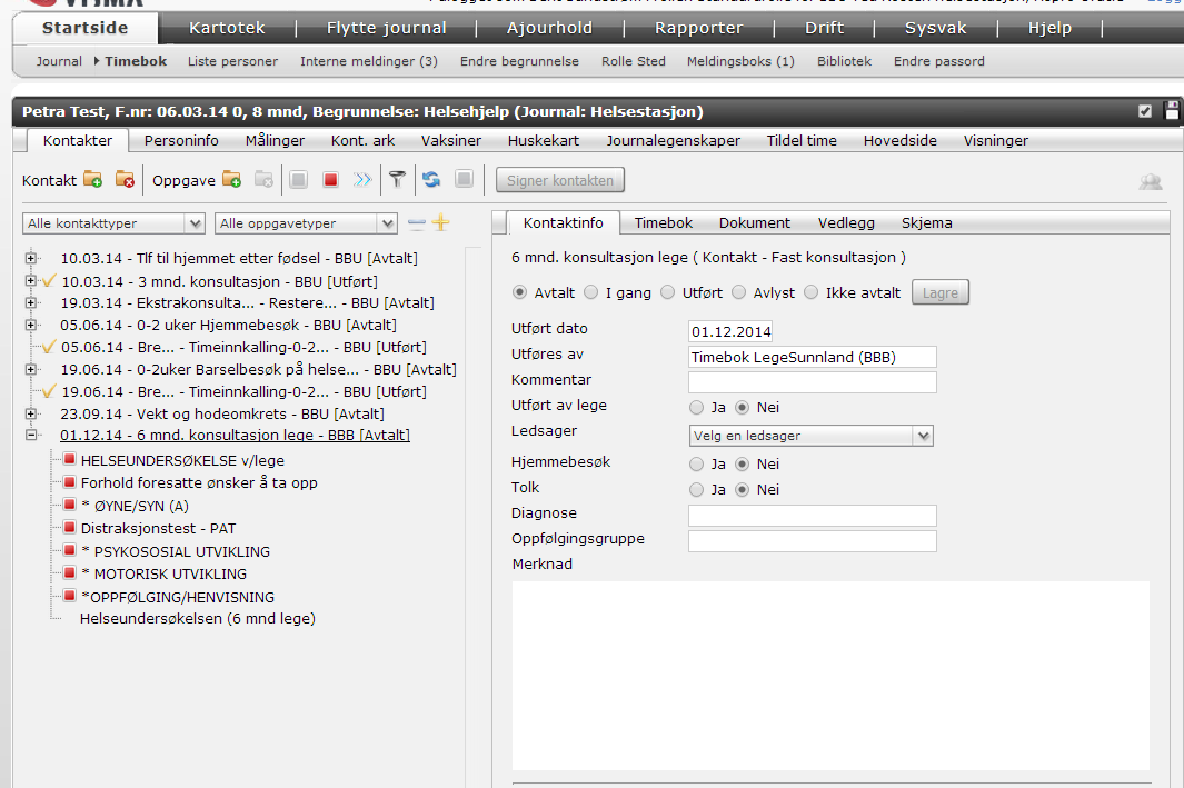 5.1 Gjennomføre en kontakt og dokumenter i journalen Du kommer nå rett inn i dagens aktuelle kontakt, med underpunkter.