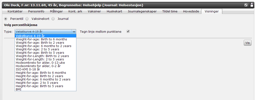 Oppgaven er merket med en T og teksten står til høyre i bildet. 5.3 Percentilskjema Dersom du vil se på barnets percentilskjema går du på Visninger. Her kan du velge hvilket percentilskjema du vil se.