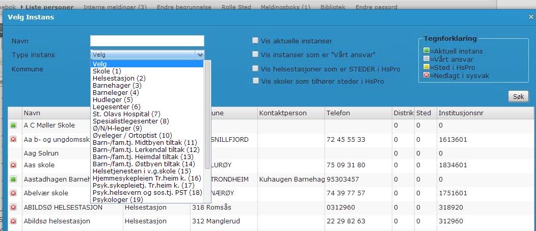 Gå først på Mottaker og klikk Velg instans. Du kommer nå inn i Instansregisteret og kan velge en Type instans (eks. barnleger,st.