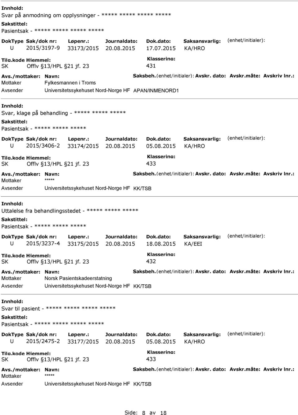 dato: Avskr.måte: Avskriv lnr.: Mottaker ***** niversitetssykehuset Nord-Norge HF KK/TSB ttalelse fra behandlingsstedet - ***** ***** ***** 2015/3237-4 33175/2015 KA/EE Avs./mottaker: Navn: Saksbeh.