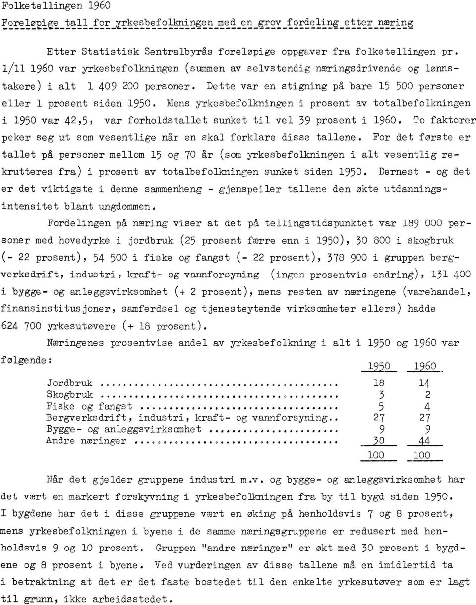 Mens yrkesbefolkningen i prosent av totalbefolkningen i 950 var 42,5 var forholdstallet sunket til vel 39 prosent i 960. To faktorer peker seg ut som vesentlige når en skal forklare disse tallene.