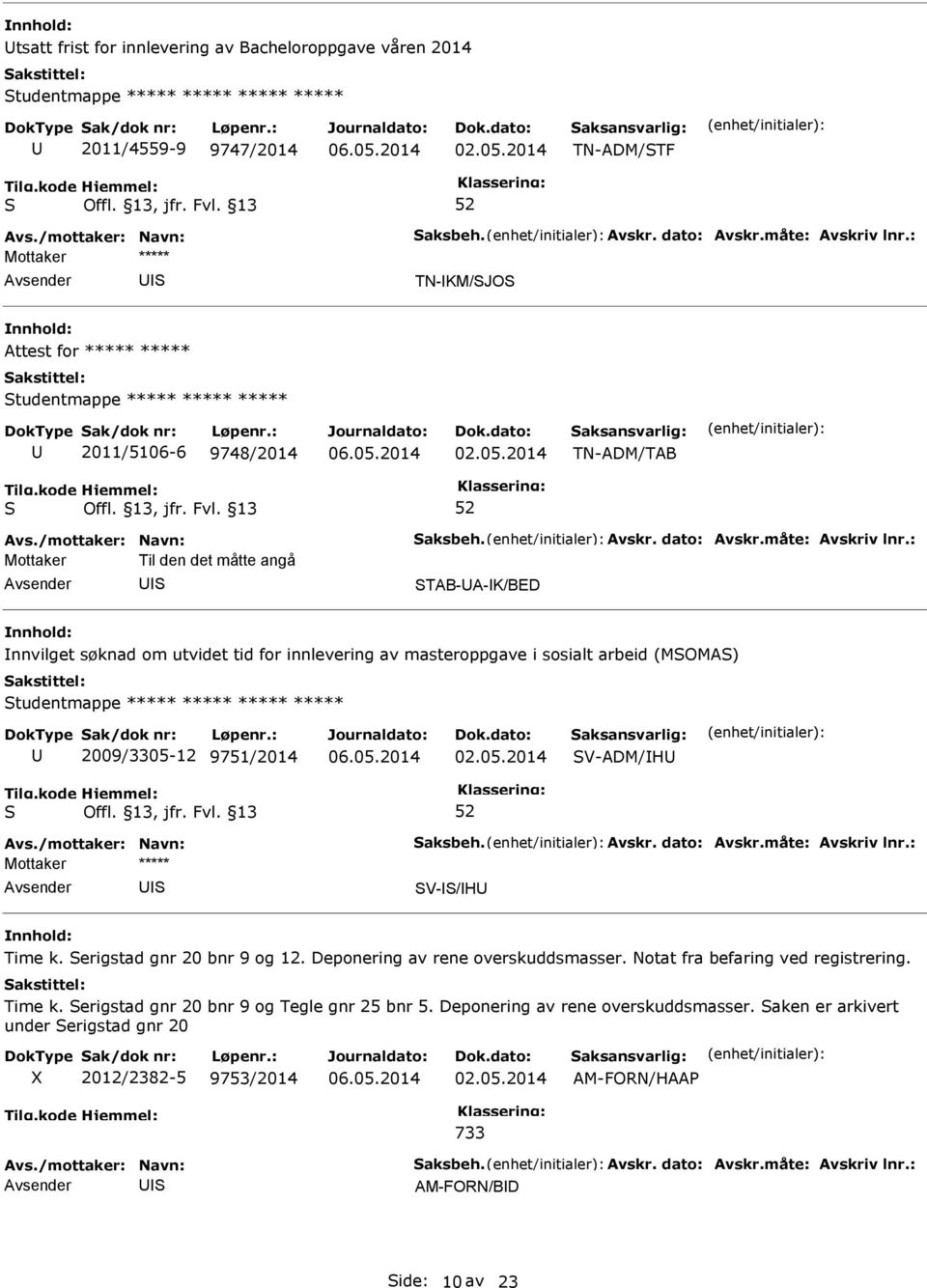 2014 TN-ADM/TAB Mottaker Til den det måtte angå TAB-A-K/BED nnvilget søknad om utvidet tid for innlevering av masteroppgave i sosialt arbeid (MOMA) tudentmappe ***** ***** ***** *****