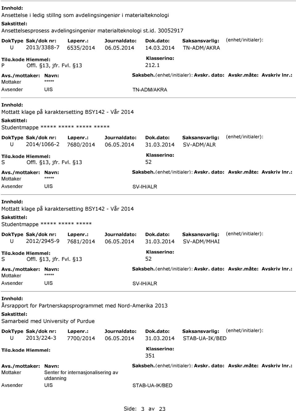 2014 V-ADM/ALR V-H/ALR Mottatt klage på karaktersetting BY142 - Vår 2014 tudentmappe ***** ***** ***** 2012/2945-9 7681/2014 31.03.