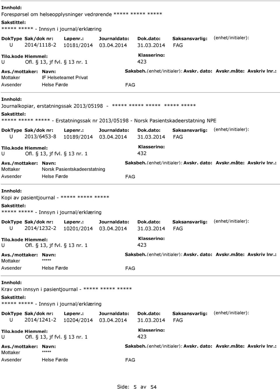 /mottaker: Navn: Saksbeh. Avskr. dato: Avskr.måte: Avskriv lnr.: Mottaker Norsk asientskadeerstatning Kopi av pasientjournal - - nnsyn i journal/erklæring 2014/1232-2 10201/2014 Avs.