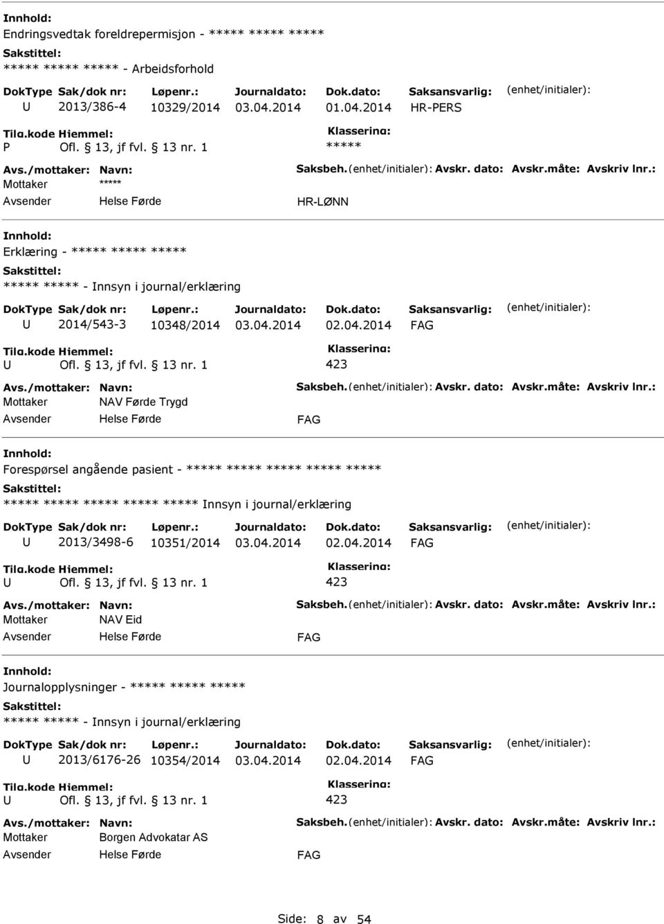 : Mottaker NAV Førde Trygd Forespørsel angående pasient - nnsyn i journal/erklæring 2013/3498-6 10351/2014 02.04.2014 Avs./mottaker: Navn: Saksbeh. Avskr. dato: Avskr.