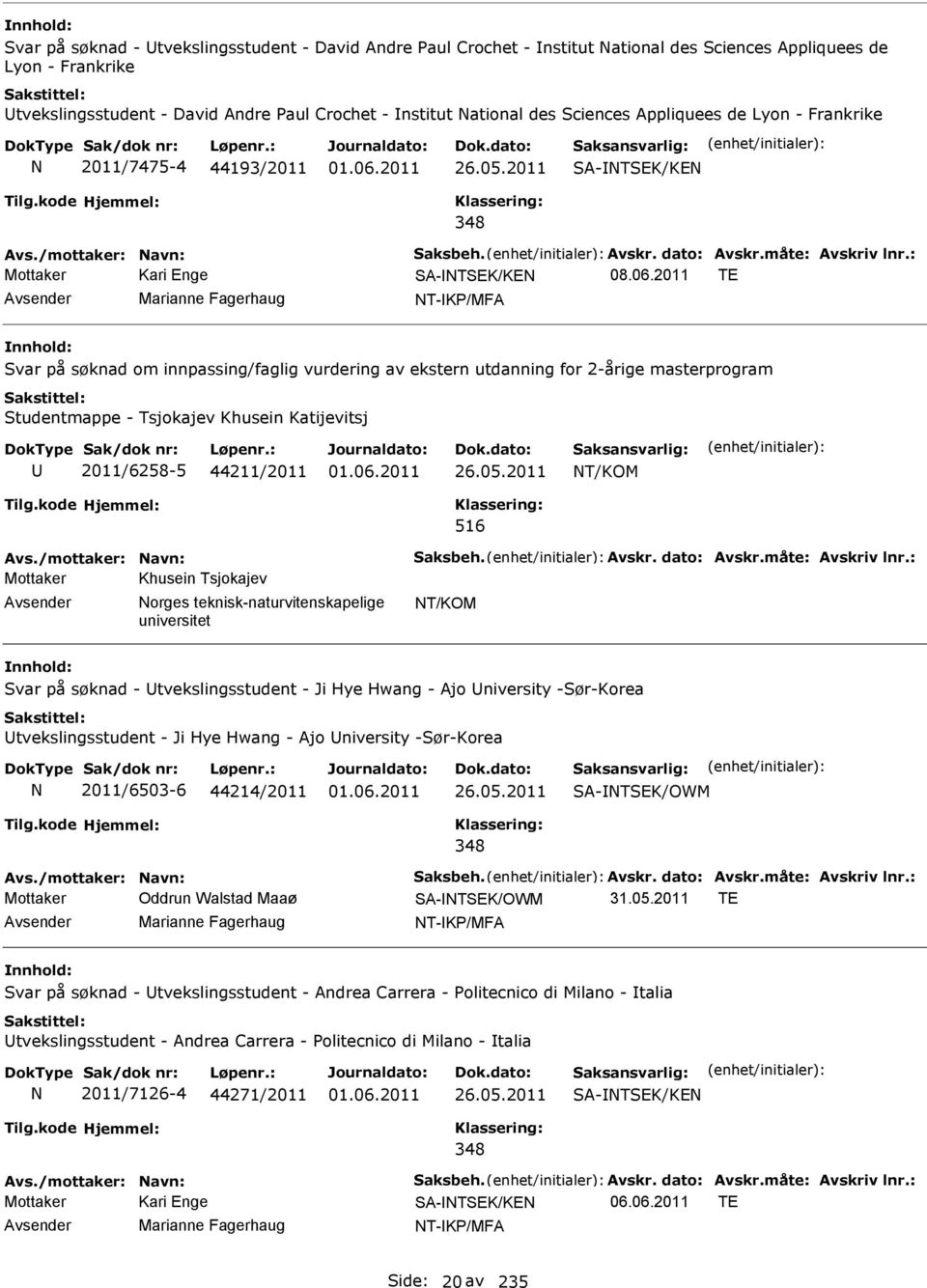 2011 SA-TSEK/KE SA-TSEK/KE TE Avsender Marianne Fagerhaug T-KP/MFA Svar på søknad om innpassing/faglig vurdering av ekstern utdanning for 2-årige masterprogram Studentmappe - Tsjokajev Khusein