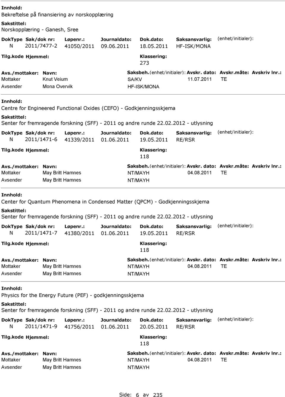 2012 - utlysning 2011/1471-6 41339/2011 19.05.2011 RE/RSR 118 Mottaker May Britt Hamnes T/MAYH 04.08.