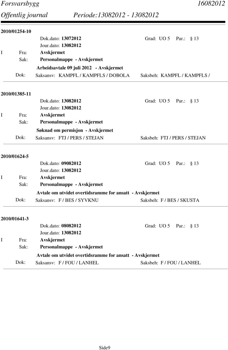 dato: 13082012 Grad: UO 5 Par.: 13 I Fra: Avskjermet Sak: Personalmappe - Avskjermet Søknad om permisjon - Avskjermet Saksansv: FTJ / PERS / STEJAN Saksbeh: FTJ / PERS / STEJAN 2010/01624-5 Dok.