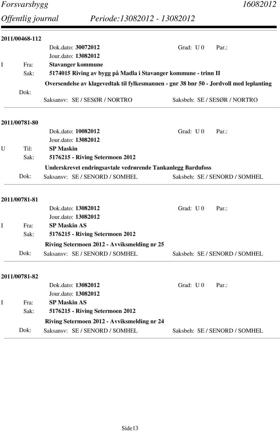 SESØR / NORTRO Saksbeh: SE / SESØR / NORTRO 2011/00781-80 U Til: SP Maskin Sak: 5176215 - Riving Setermoen 2012 Underskrevet endringsavtale vedrørende Tankanlegg Bardufoss Saksansv: SE / SENORD /