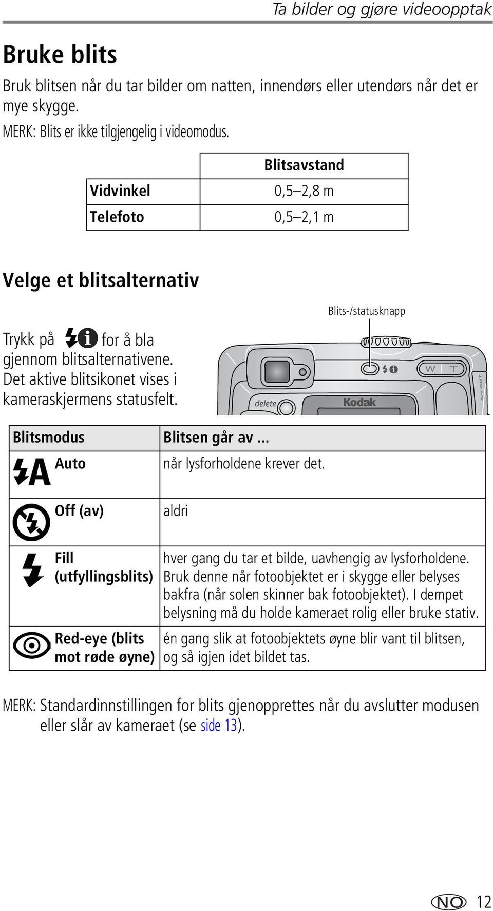 Det aktive blitsikonet vises i kameraskjermens statusfelt. Blitsmodus Blitsen går av... Auto når lysforholdene krever det.