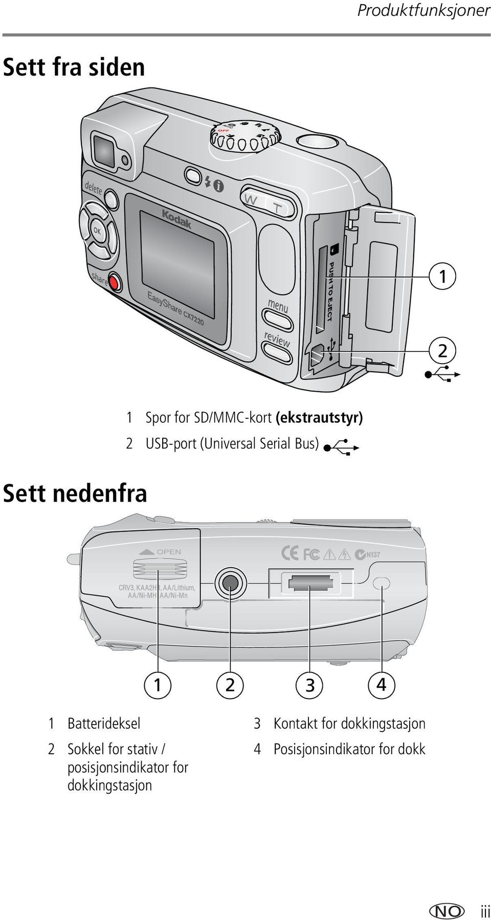 4 1 Batterideksel 3 Kontakt for dokkingstasjon 2 Sokkel for stativ