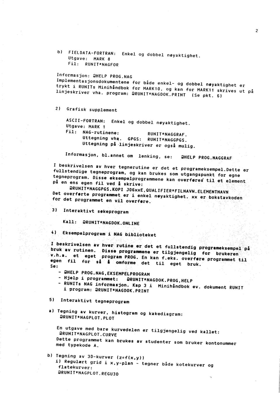 6) 2) Grafisk supplement ASCII-FORTRAN: Enkel og dobbel nøyaktighet. Utgave: HARK 1 Fil: NAG-rutinene: RUNIT~NAGGRAF. Ut tegning vh~. GPGS: RUNIT~NAGGPGS. Uttegning på -linjeskriver er også mulig.