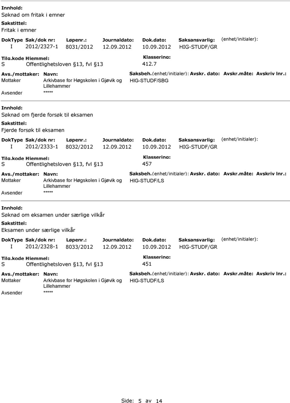 2012 457 Avs./mottaker: Navn: aksbeh. Avskr. dato: Avskr.måte: Avskriv lnr.