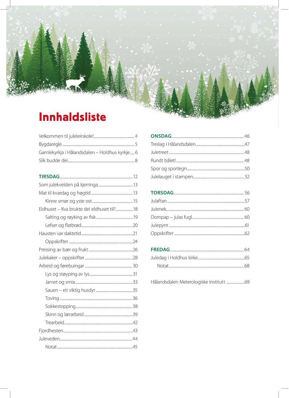 ..57 Eldhuset Kva brukte dei eldhuset til?...18 Julenek... 60 Salting og røyking av ﬁsk...19 Dompap julas fugl... 60 Lefser og ﬂatbrød...20 Julepynt...61 Hausten var slaktetid...21 Oppskrifter.