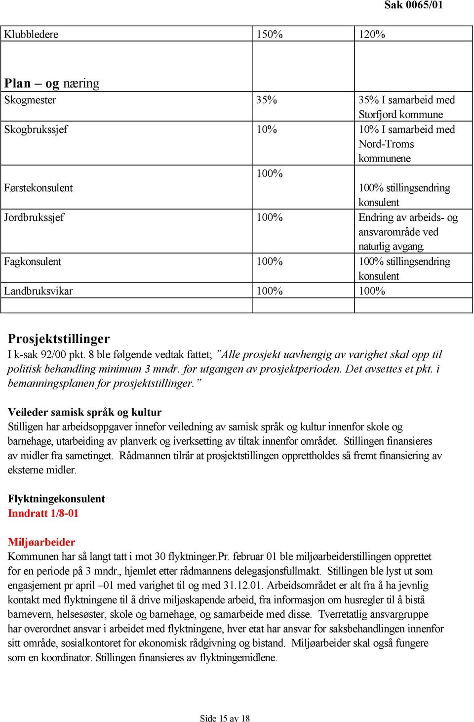 Fagkonsulent 100% 100% stillingsendring konsulent Landbruksvikar 100% 100% Prosjektstillinger I k-sak 92/00 pkt.