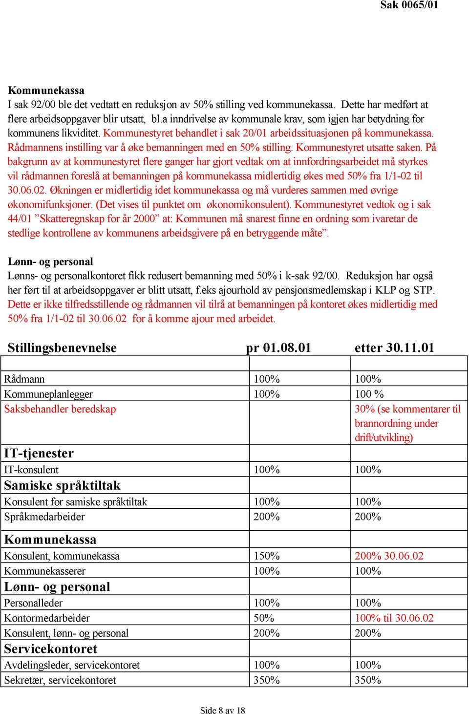 Rådmannens instilling var å øke bemanningen med en 50% stilling. Kommunestyret utsatte saken.