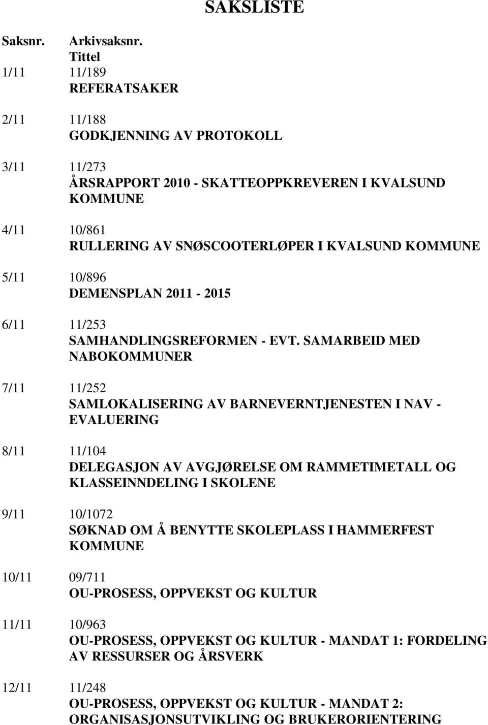 KOMMUNE 5/11 10/896 DEMENSPLAN 2011-2015 6/11 11/253 SAMHANDLINGSREFORMEN - EVT.