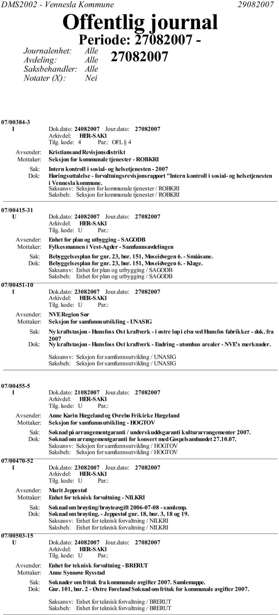 sosial- og helsetjenesten i Vennesla kommune. Saksansv: Seksjon for kommunale tjenester / ROBKRI Saksbeh: Seksjon for kommunale tjenester / ROBKRI 07/00415-31 U Dok.dato: 24082007 Jour.