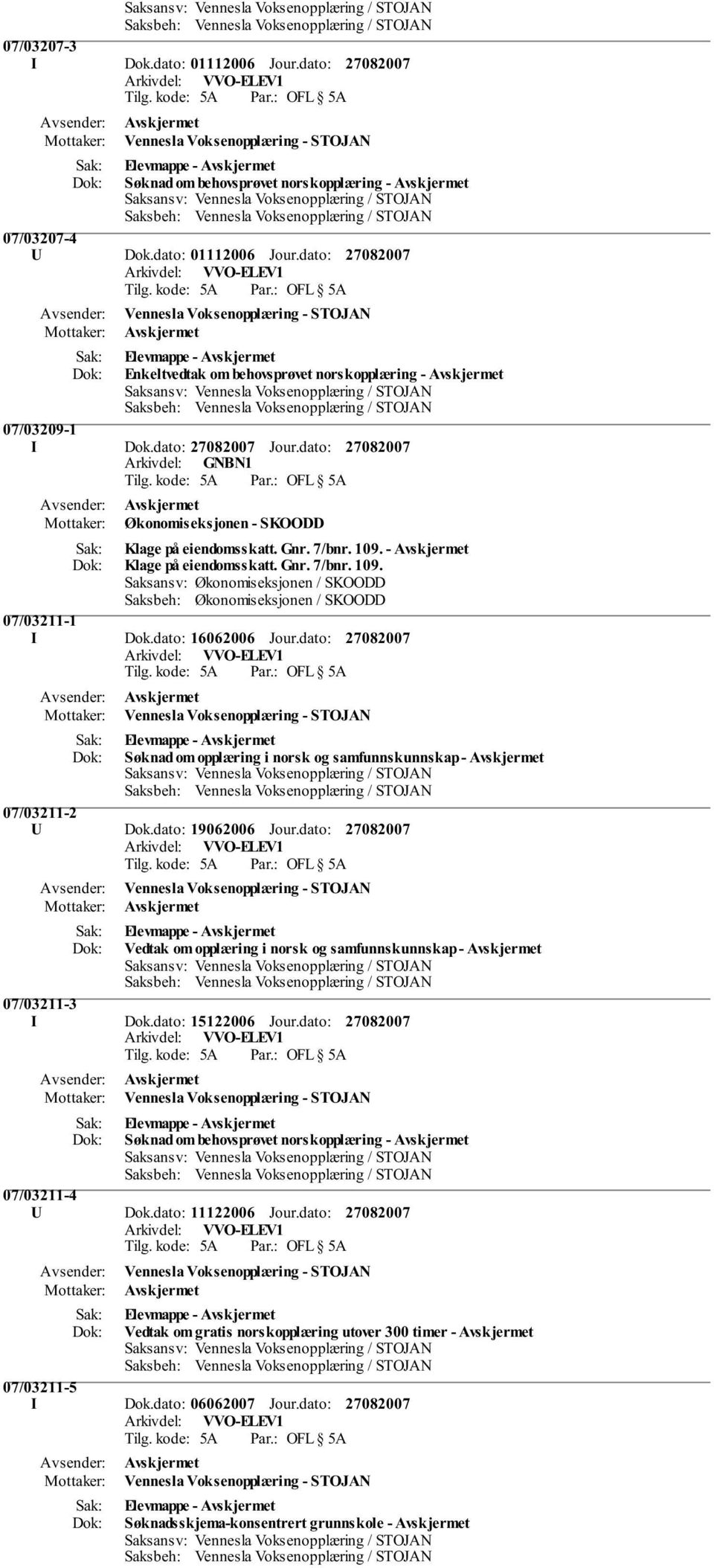 dato: 16062006 Jour.dato: Vennesla Voksenopplæring - STOJAN Søknad om opplæring i norsk og samfunnskunnskap - 07/03211-2 U Dok.dato: 19062006 Jour.