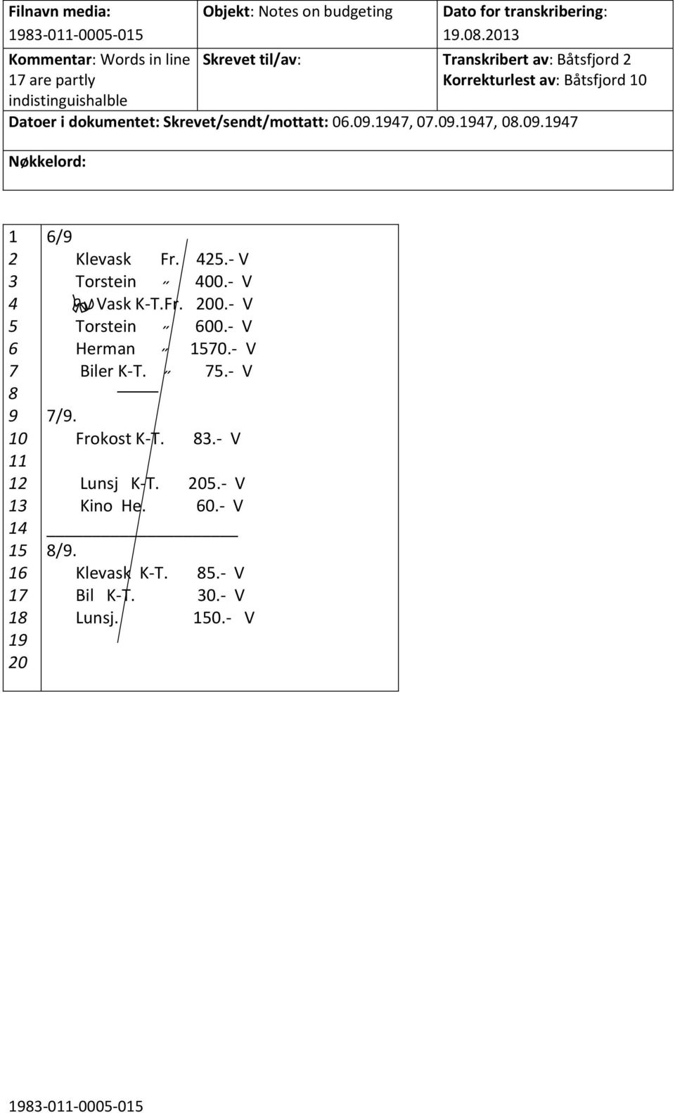 .- V Torstein 00.- V Vask K-T.Fr. 00.- V Torstein 00.- V Herman.- V Biler K-T..- V /. Frokost K-T.