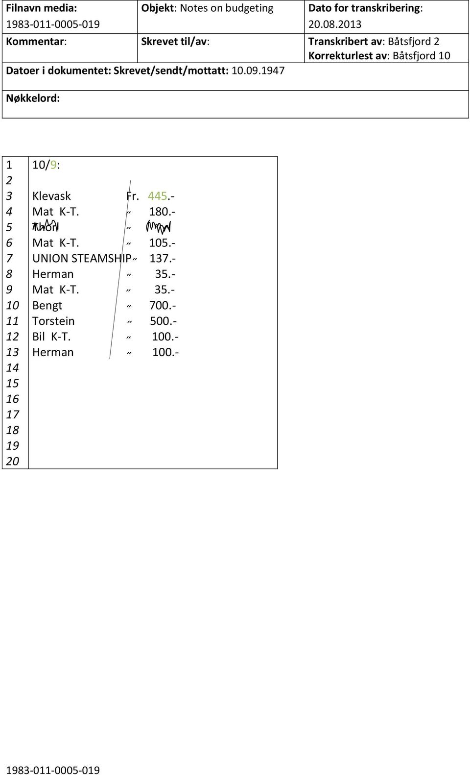 0. 0 /: Klevask Fr..- Mat K-T..- Thor Mat K-T..- UNION STEAMSHIP.