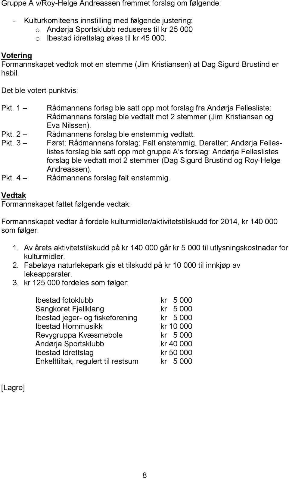 4 Rådmannens forlag ble satt opp mot forslag fra Andørja Fellesliste: Rådmannens forslag ble vedtatt mot 2 stemmer (Jim Kristiansen og Eva Nilssen). Rådmannens forslag ble enstemmig vedtatt.