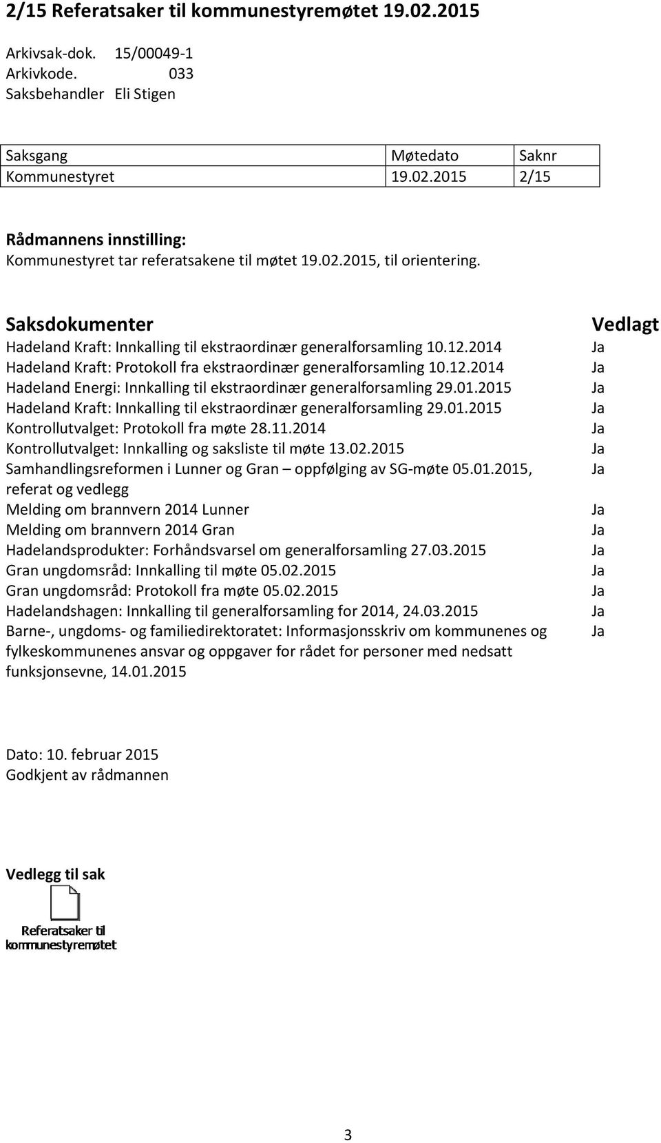 01.2015 Hadeland Kraft: Innkalling til ekstraordinær generalforsamling 29.01.2015 Kontrollutvalget: Protokoll fra møte 28.11.2014 Kontrollutvalget: Innkalling og saksliste til møte 13.02.