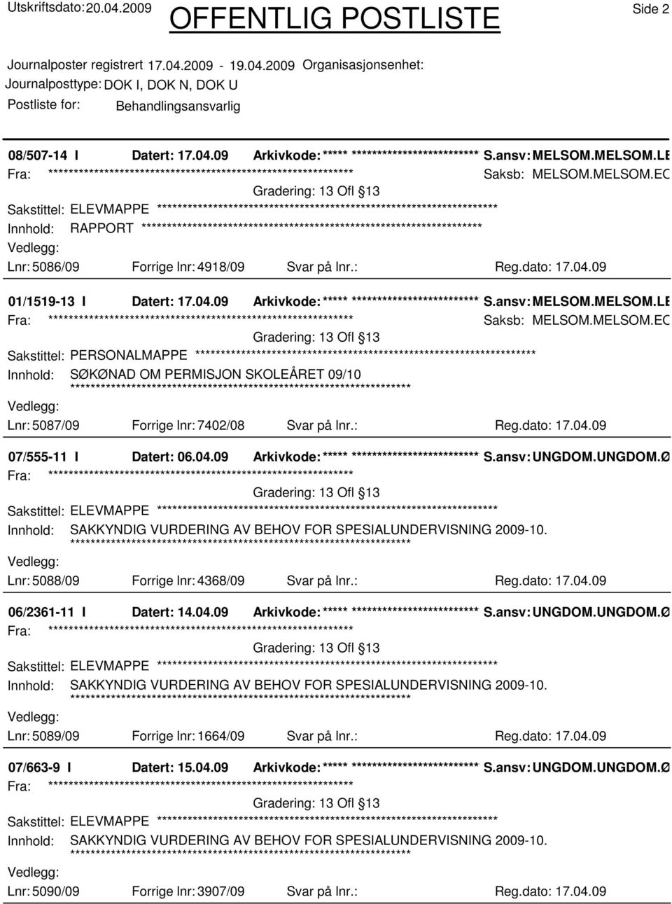 MELSOM.LEB Saksb: MELSOM.MELSOM.EOH Sakstittel: PERSONALMAPPE Innhold: SØKØNAD OM PERMISJON SKOLEÅRET 09/10 Lnr: 5087/09 Forrige lnr: 7402/08 Svar på lnr.: Reg.dato: 17.04.09 07/555-11 I Datert: 06.