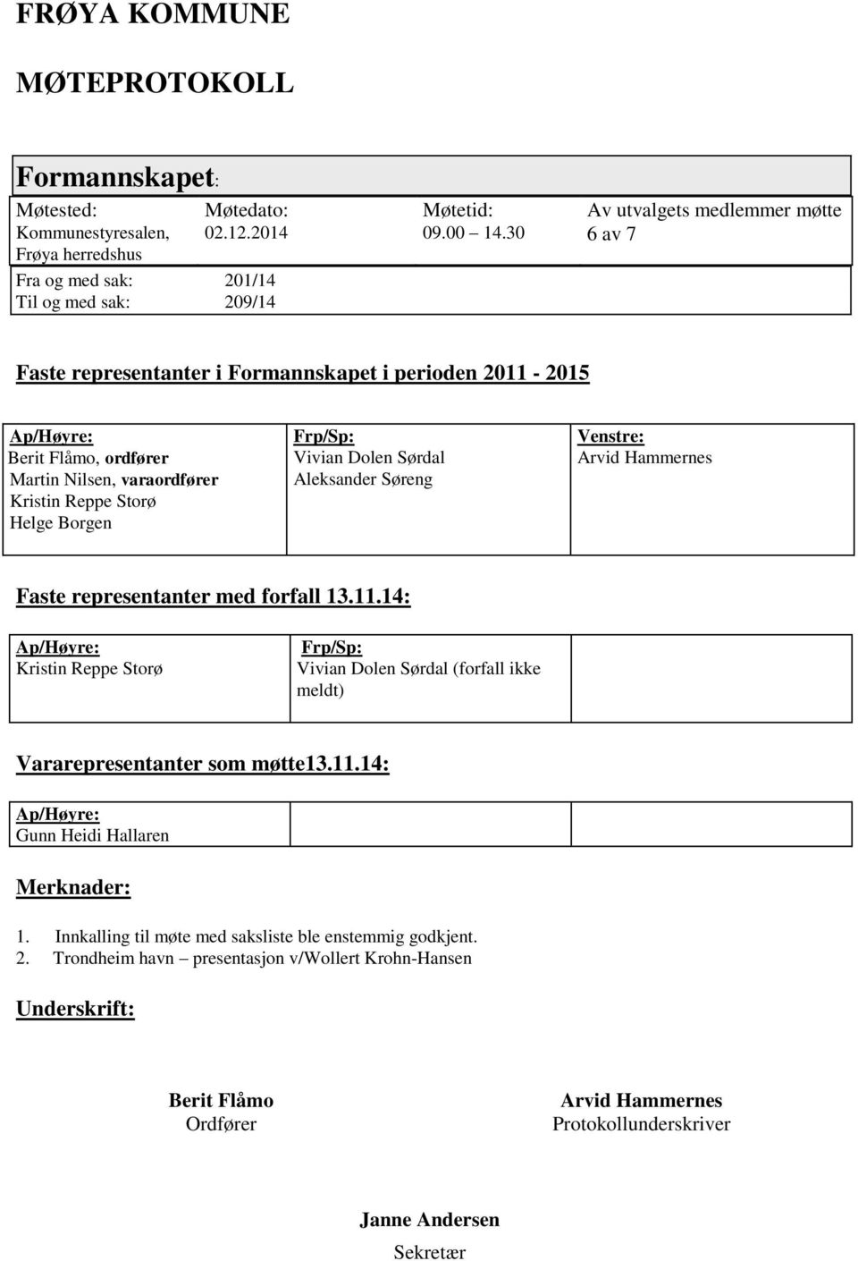 Vivian Dolen Sørdal Aleksander Søreng Venstre: Arvid Hammernes Faste representanter med forfall 13.11.