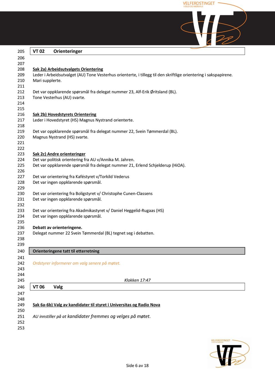 Det var oppklarende spørsmål fra delegat nummer 23, Alf-Erik Øritsland (BL). Tone Vesterhus (AU) svarte. Sak 2b) Hovedstyrets Orientering Leder i Hovedstyret (HS) Magnus Nystrand orienterte.