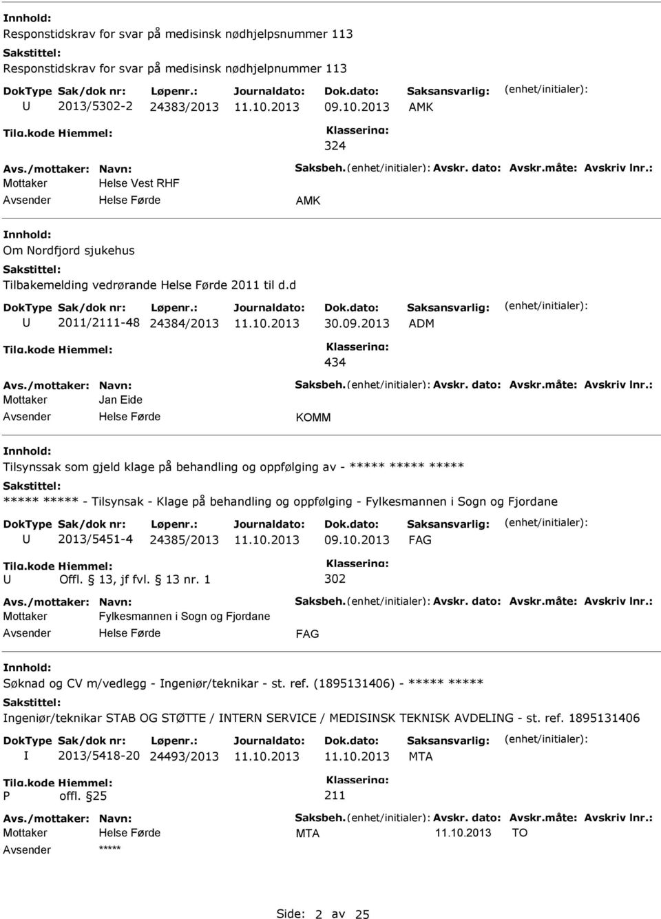 2013 ADM 434 Mottaker Jan Eide KOMM Tilsynssak som gjeld klage på behandling og oppfølging av - - Tilsynsak - Klage på behandling og oppfølging - Fylkesmannen i Sogn og Fjordane