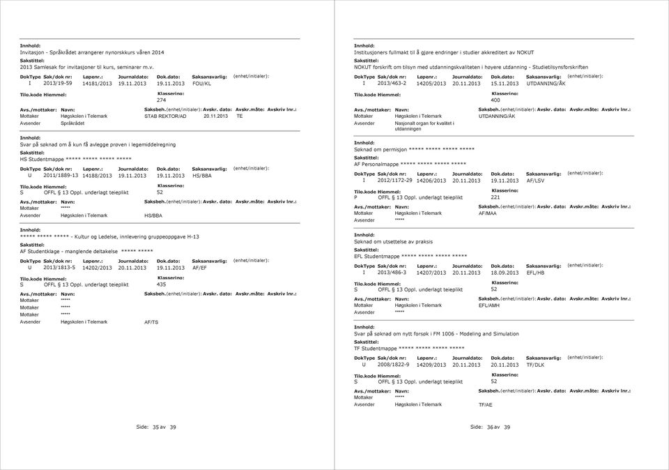 søknad om å kun få avlegge prøven i legemiddelregning HS Studentmappe 2011/1889-13 14188/2013 HS/BBA HS/BBA - Kultur og Ledelse, innlevering gruppeoppgave H-13 AF Studentklage - manglende deltakelse