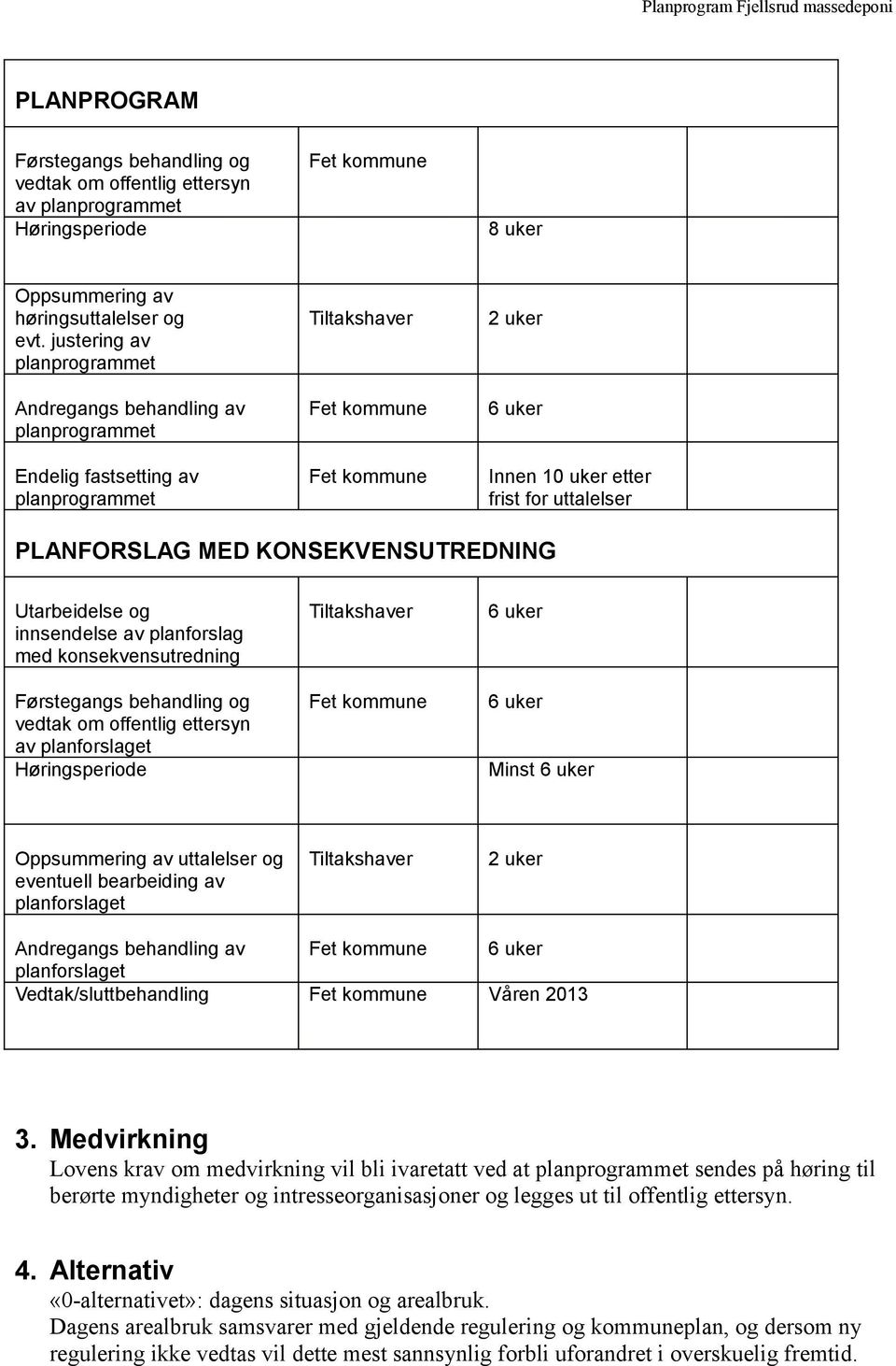 KONSEKVENSUTREDNING Utarbeidelse og innsendelse av planforslag med konsekvensutredning Tiltakshaver 6 uker Førstegangs behandling og vedtak om offentlig ettersyn av planforslaget Høringsperiode 6