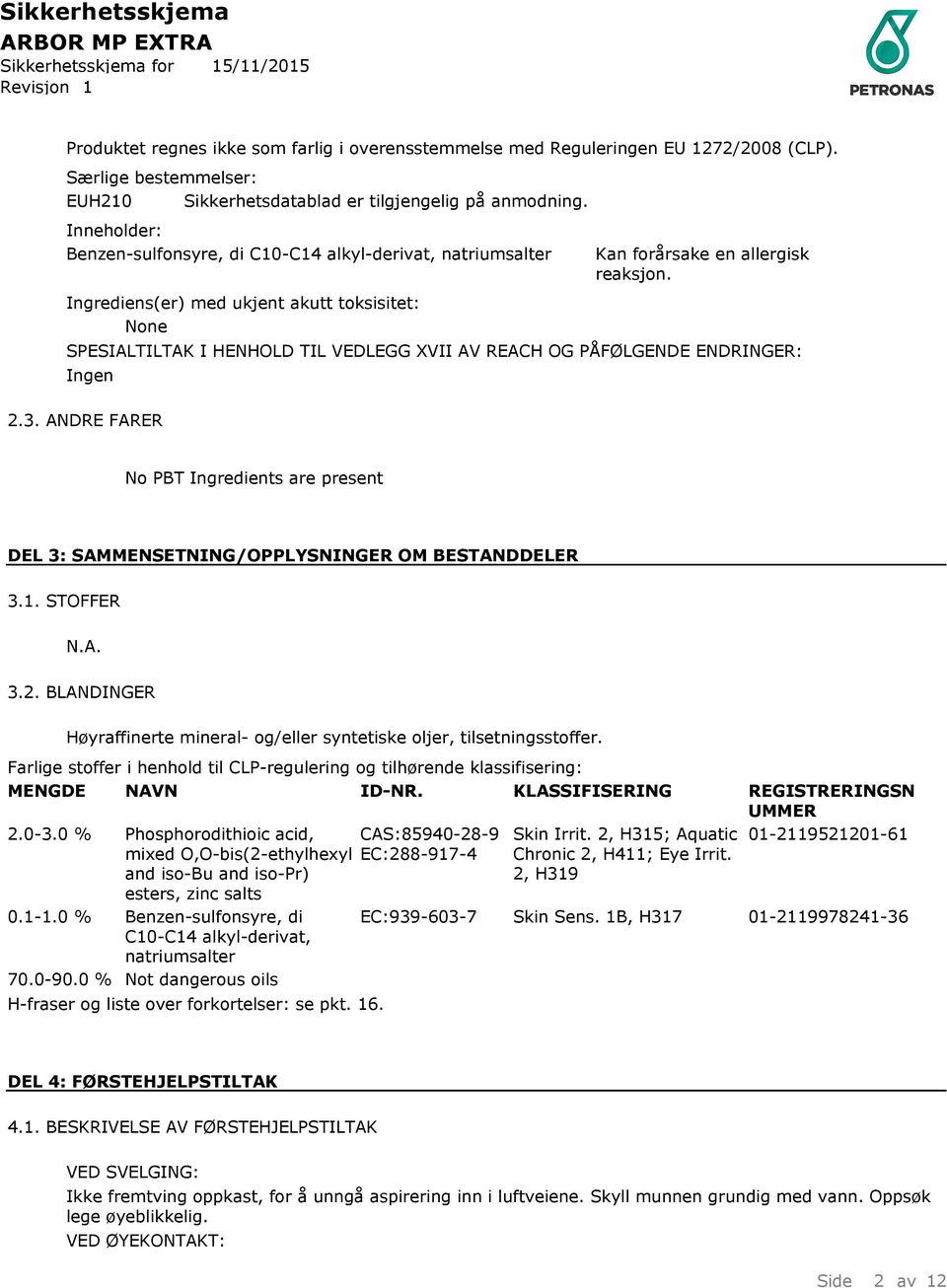 Ingen 2.3. ANDRE FARER Kan forårsake en allergisk reaksjon. No PBT Ingredients are present DEL 3: SAMMENSETNING/OPPLYSNINGER OM BESTANDDELER 3.1. STOFFER 3.2. BLANDINGER Høyraffinerte mineral- og/eller syntetiske oljer, tilsetningsstoffer.