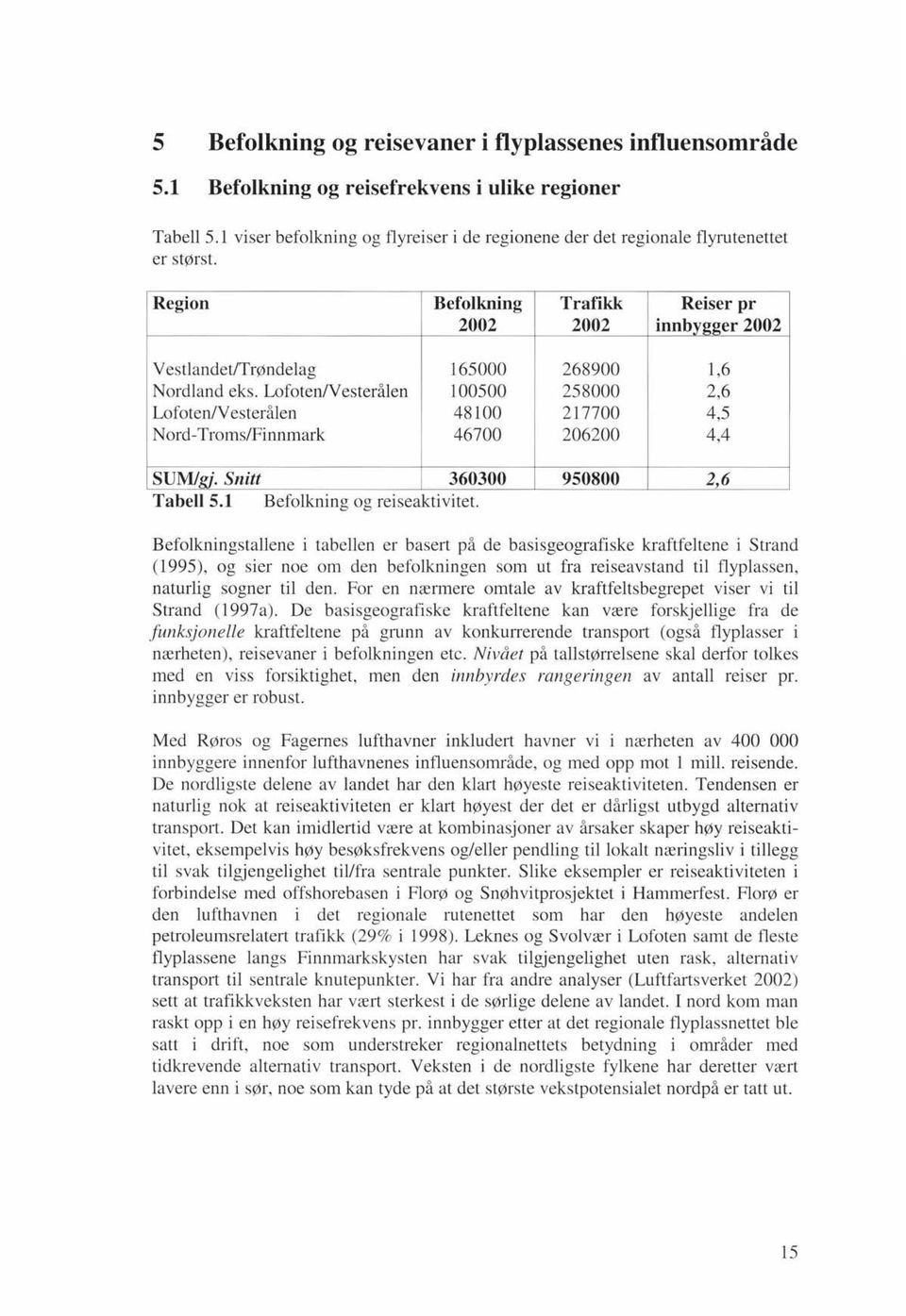 Region Befolkning Trafikk Reiser pr 2002 2002 innbygger 2002 Vestlandet/Trøndelag 165000 268900 1,6 Nordland eks.