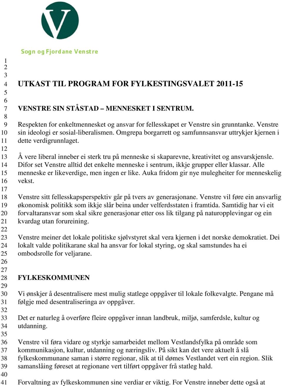 Omgrepa borgarrett og samfunnsansvar uttrykjer kjernen i dette verdigrunnlaget. Å vere liberal inneber ei sterk tru på menneske si skaparevne, kreativitet og ansvarskjensle.