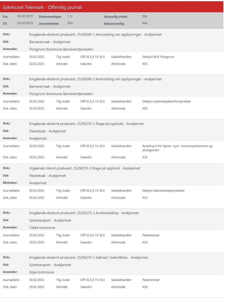 A for hjerte- nyre- hormonsykdommer og akuttgeriatri Dok. dato: 30.01.2015 Arkivdel: Sakarkiv tgående internt produsert, 15/00270-2 Klage på opphold - Dok.