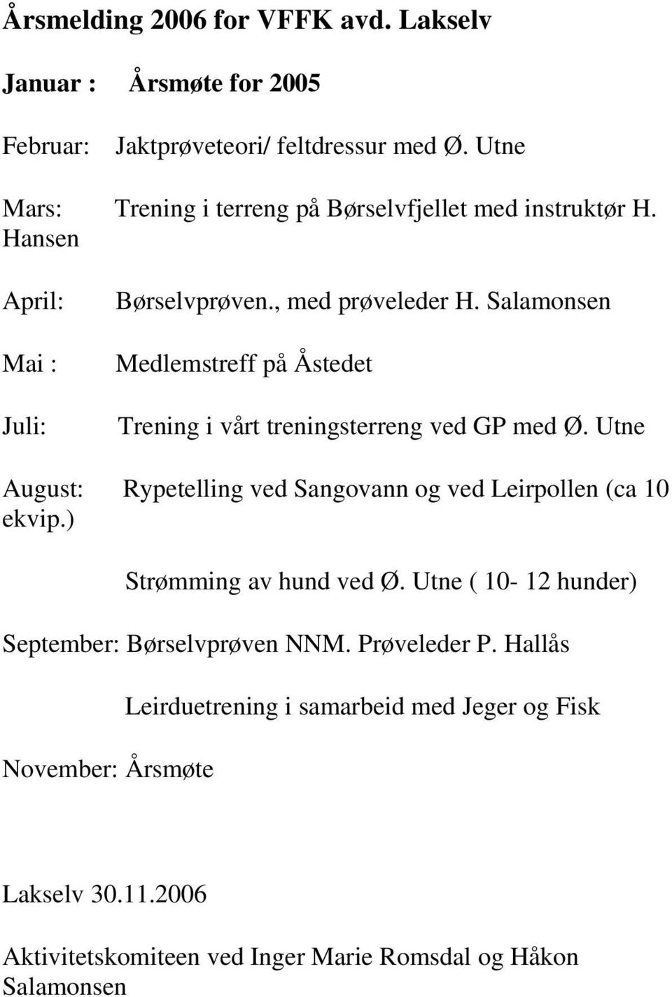 Salamonsen Medlemstreff på Åstedet Trening i vårt treningsterreng ved GP med Ø. Utne August: Rypetelling ved Sangovann og ved Leirpollen (ca 10 ekvip.