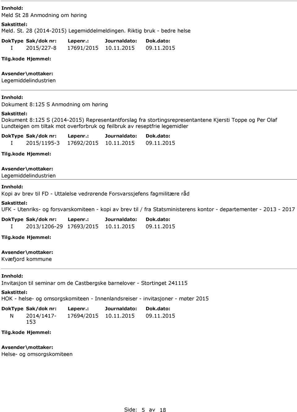 og Per Olaf Lundteigen om tiltak mot overforbruk og feilbruk av reseptfrie legemidler 2015/1195-3 17692/2015 Legemiddelindustrien Kopi av brev til FD - Uttalelse vedrørende Forsvarssjefens