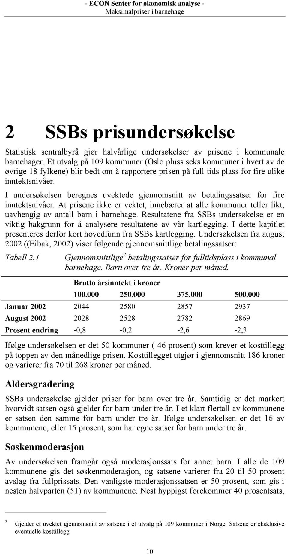 I undersøkelsen beregnes uvektede gjennomsnitt av betalingssatser for fire inntektsnivåer. At prisene ikke er vektet, innebærer at alle kommuner teller likt, uavhengig av antall barn i barnehage.