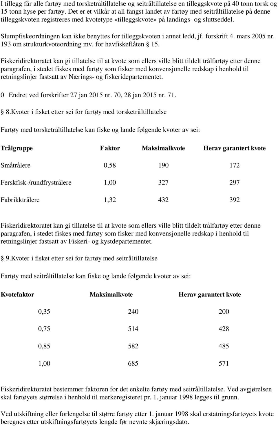 Slumpfiskeordningen kan ikke benyttes for tilleggskvoten i annet ledd, jf. forskrift 4. mars 2005 nr. 193 om strukturkvoteordning mv. for havfiskeflåten 15.