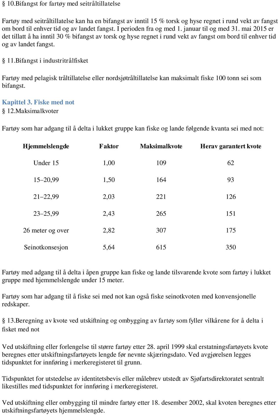 Bifangst i industritrålfisket Fartøy med pelagisk tråltillatelse eller nordsjøtråltillatelse kan maksimalt fiske 100 tonn sei som bifangst. Kapittel 3. Fiske med not 12.