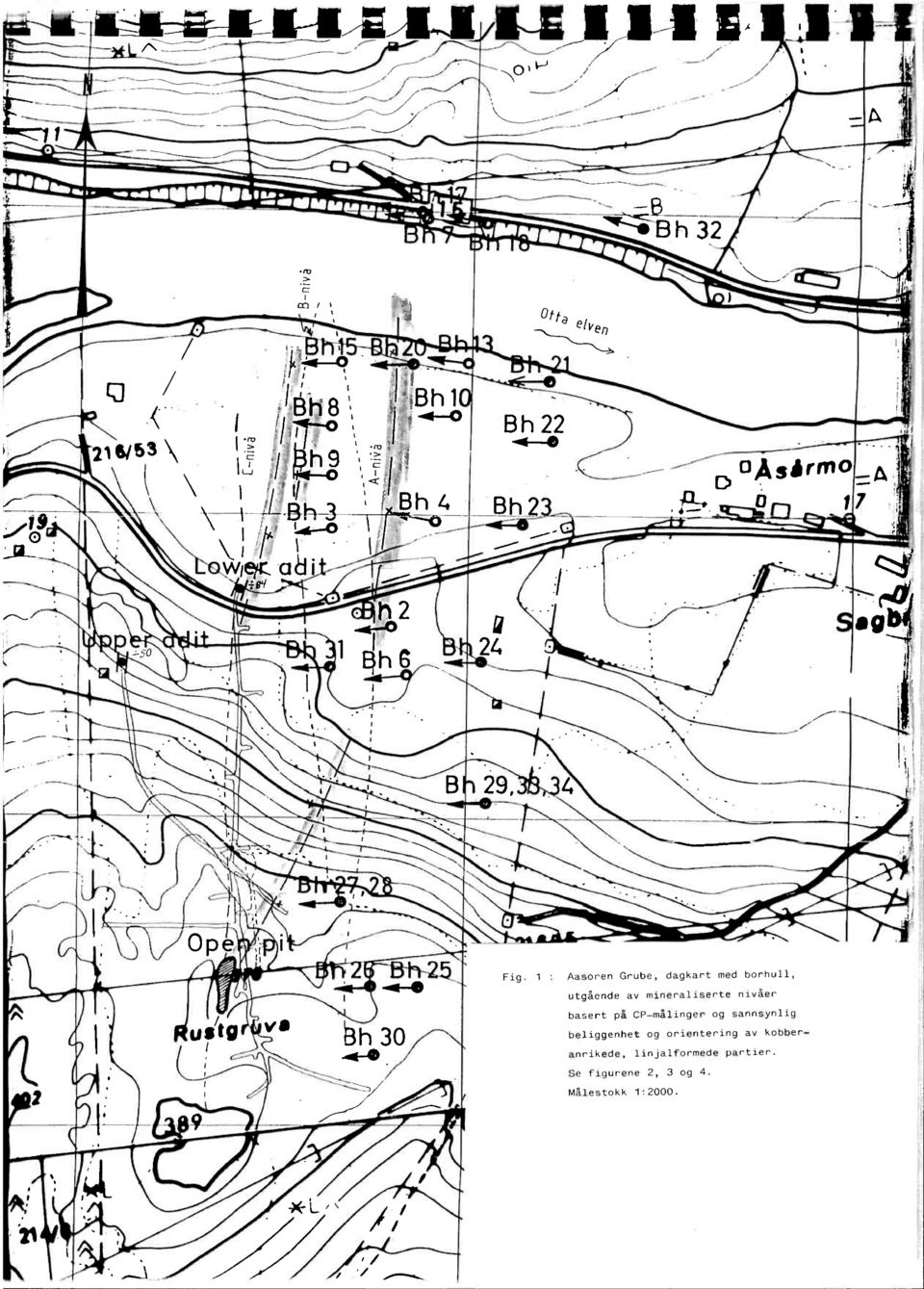 17 2 24 B 29, Ope Is va Fig 1 Aasoren Grube, dagkart med borhull, utgående av mineraliserte nivåer basert på