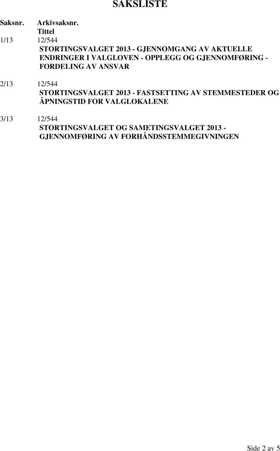 OPPLEGG OG GJENNOMFØRING - FORDELING AV ANSVAR 2/13 12/544 STORTINGSVALGET 2013 -