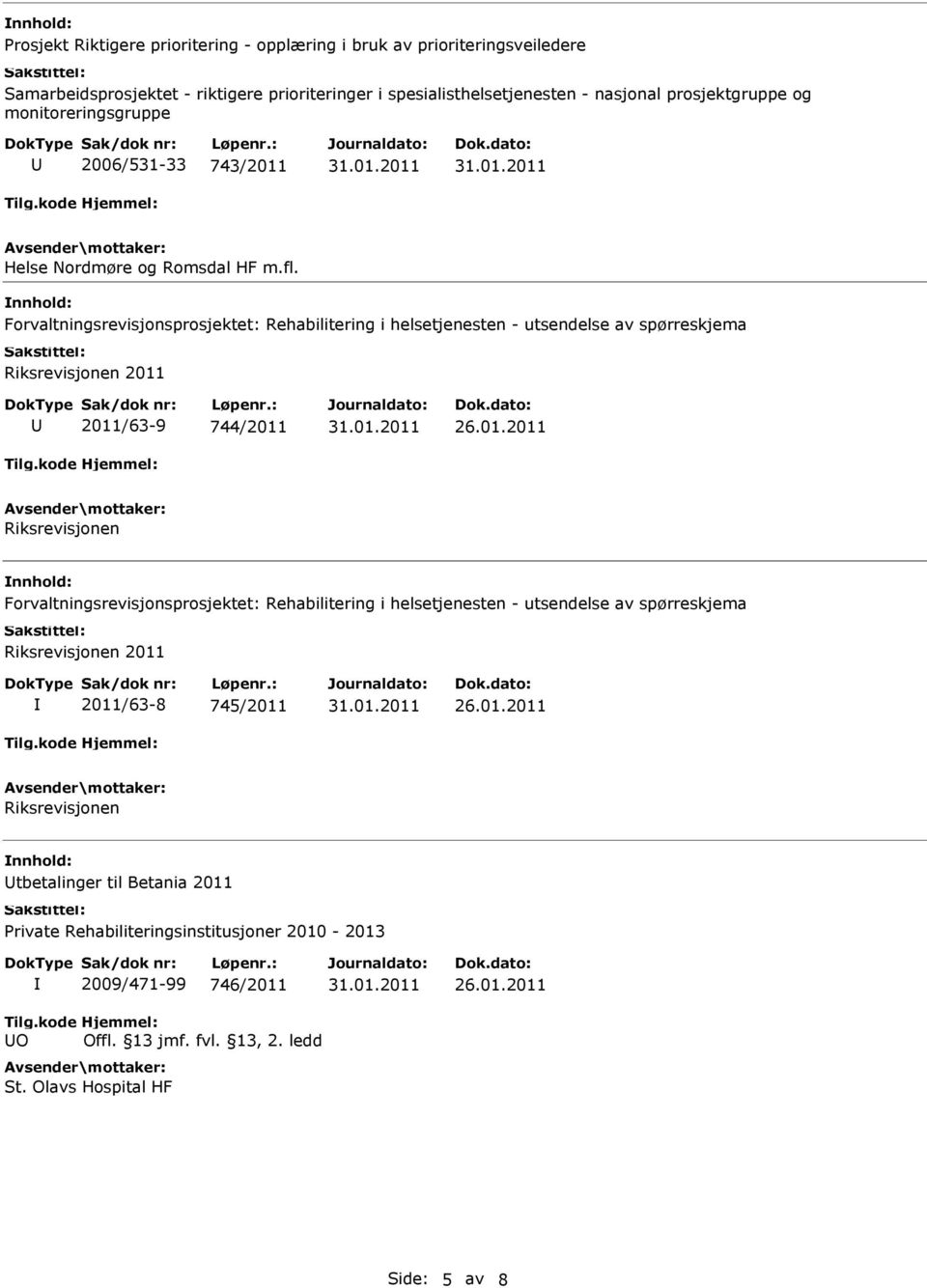 nnhold: Forvaltningsrevisjonsprosjektet: Rehabilitering i helsetjenesten - utsendelse av spørreskjema Riksrevisjonen 2011 2011/63-9 744/2011 Riksrevisjonen nnhold: