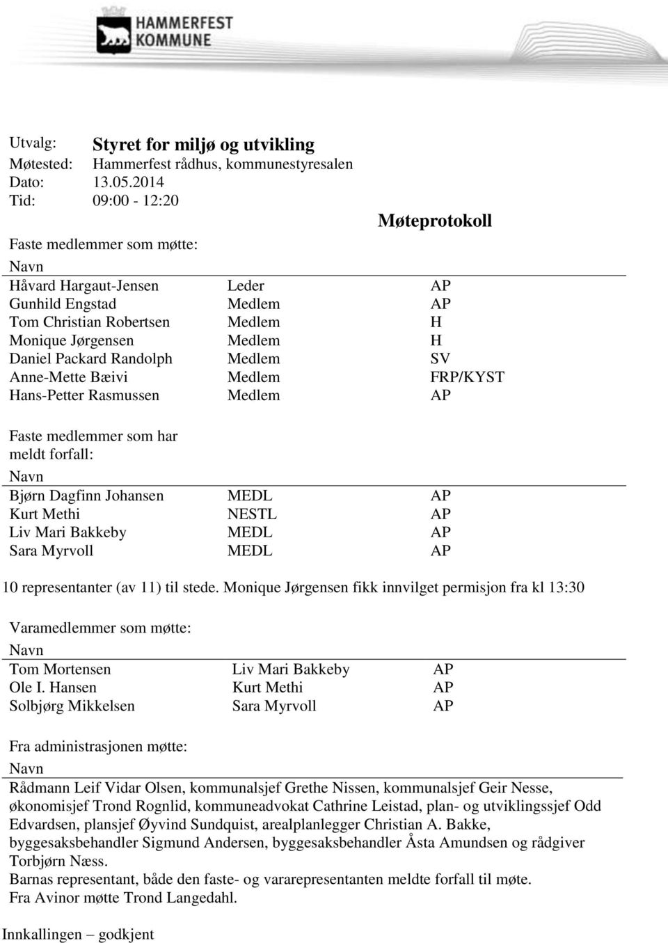 Randolph Medlem SV Anne-Mette Bæivi Medlem FRP/KYST Hans-Petter Rasmussen Medlem AP Faste medlemmer som har meldt forfall: Navn Bjørn Dagfinn Johansen MEDL AP Kurt Methi NESTL AP Liv Mari Bakkeby